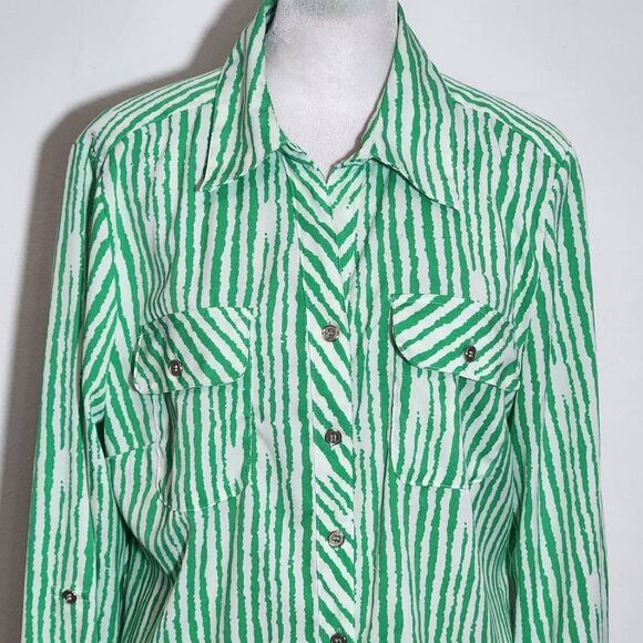 Notations Green and White Stripe Button Down Blouse Size Medium Green Camp Shirt - Picture 3 of 8